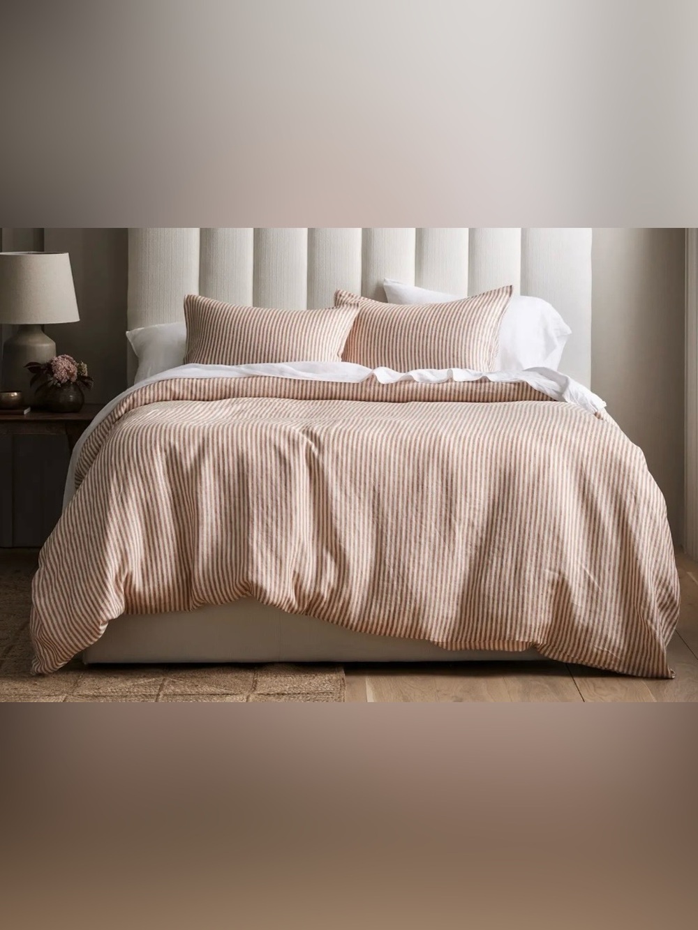 NWT Quince European Linen Stripe 3 Pc Duvet Cover Set, F/Queen, Terracotta/White